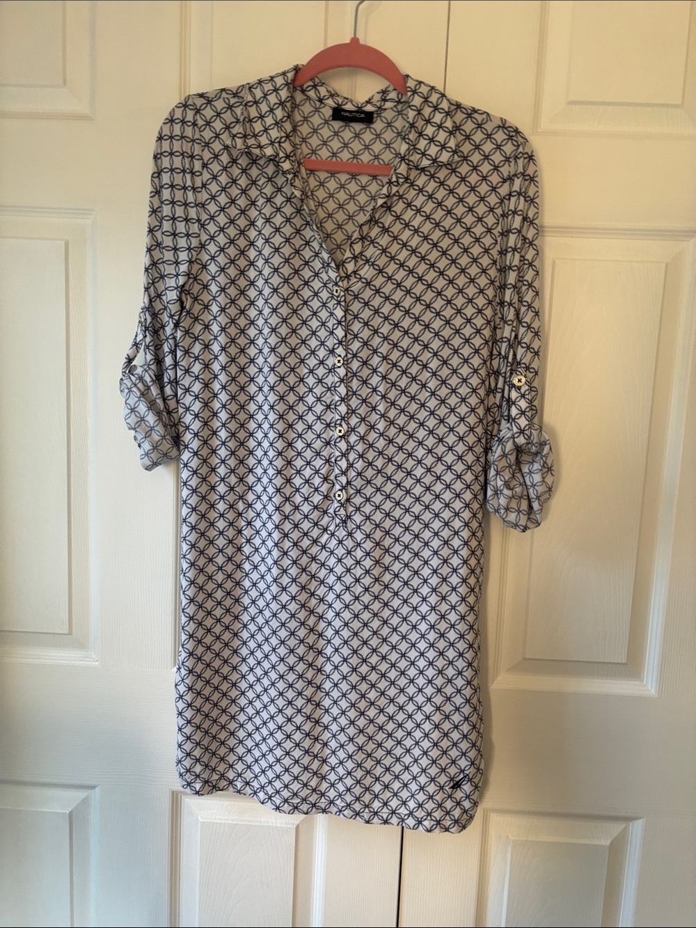 Nautica Navy & White Geometric Print Tie Waist Midi Shirt Dress | Size S - Picture 7 of 8